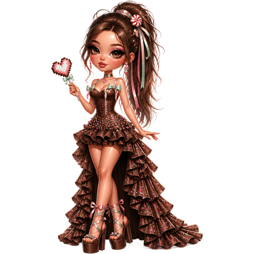semi-realistic soft cartoon luxury glam, mini plush Bratz-doll aesthetic, cinematic glow, crisp clean detail, glossy glam skin. brown eyed Petite 5ft girl, fair skin with soft freckles, wide face with tall forehead, honey-brown almond wide-set upturned eyes, fluttery lashes, shimmer highlight, plush lips, bottom heavy lip, sweet Belle-princess vibe, long straight brunette hair with visible caramel highlights, wearing a chocolate-brown corset mini-gown hybrid with mint satin bow straps, a candy-wrapper ruffled train, rainbow sprinkle crystal beading, peppermint hair clips, platform heels, hair in a high messy ponytail with candy-colored ribbons, makeup with berry shimmer lids, rosy cheeks, glossy skin, and shiny pink lips, holding a pixel-heart lollipop with chaotic sweet princess energy