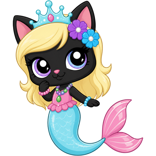 black cat with light yellow hair purple and blue flowers light cyan crown purple and green necklace pink and blue bracelets pink dress attached to long light cyan mermaid tail with white highlights with pink tail fins with white highlights (Hasbro brand new littlest pet shop tv series)
