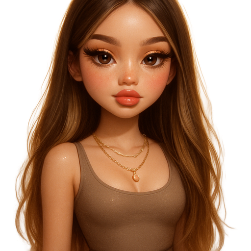 luxury glam-Bratz romantic aesthetic, warm cinematic glow, soft fairytale lighting, crisp clean detail, glossy doll-like skin, soft glowing blush, fluttery lashes, big honey brown almond eyes, plush lips, feminine delicate features, sweet princess vibe, soft glam makeup, gentle warm highlights in hair, dreamy whimsical softness, cozy romantic energy: petite soft feminine figure, soft-autumn tone, pale skin, soft freckles, round, full moderate bust, natural curves, soft natural body definition, straight long brunette hair with blonde highlights, warm taupe bodysuit, mocha leather skirt, gold layered necklace, hair parted soft & straight, fierce princess look, pop-princess energy, shimmer highlight, sparkly glow