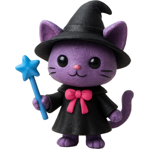 toy version action figure version purple cat with black witch costume pink ribbon holding a blue wand toy version action figure version
