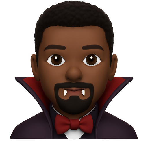 Handsome Brown skinned vampire man with goat tre beard and mustache, short curly black hair and dark brown eyes