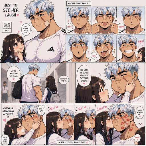 A Full page Anime Comic book story about of a masculine and Bulky ANIME Cute Bara Man American 20 year old with a ROUND and BASIC facial structure and TENAGE BARA CUTE MALE not to detailed With bigger than average Pecs that are visible through the shirt and Biceps and Bandaid on his nose and Left Cheek and Right Eye brow warring but a huge Scare on his eyebrow down to his cheek. Wearing a no piercings Baggy White Adidas Athletic shirt and Short and White Korean Permed Hair and Light blue hair Roots and Strait with brown eyes and black eyebrows. And makes more funny faces just to see her laugh. And then. Let me walk you to class and holds her hand and she says you look the cutest when you puff your cheeks and she grabs his cheek and has cuteness aggression towards him and Kissed him several time with many kiss marks on his face.