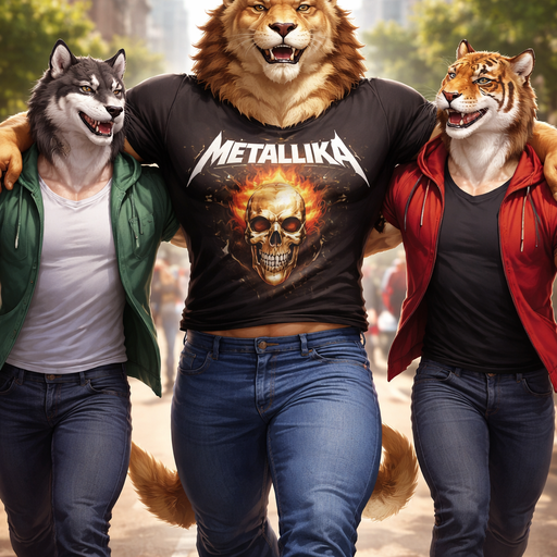 A Full Body Image of a Hunky and Chunky a Lion who is a Muscular but not to muscular Masculine and Handsome and Ginormous Arms and a Rounded Pecs Short Strait Hair. Wearing a Metallica Shirt that is short at the Waist and Jeans. Walking with his arms around his Friends