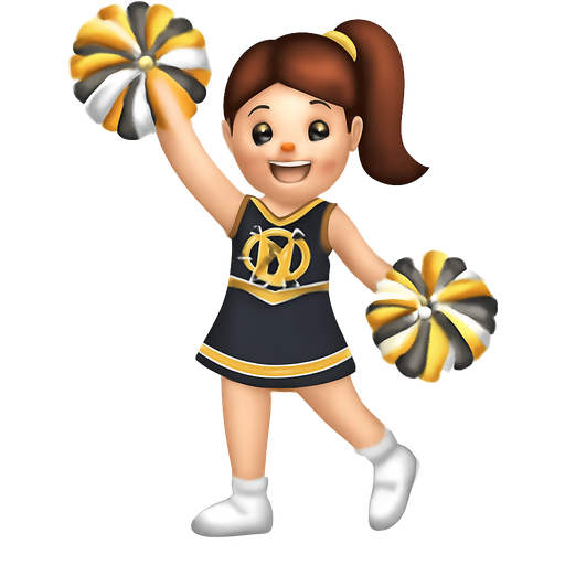 Cheerleader with brown hair in high ponytail.full body pose and her cheer uniform is black, gold, and white the mascot is a ram and shes white