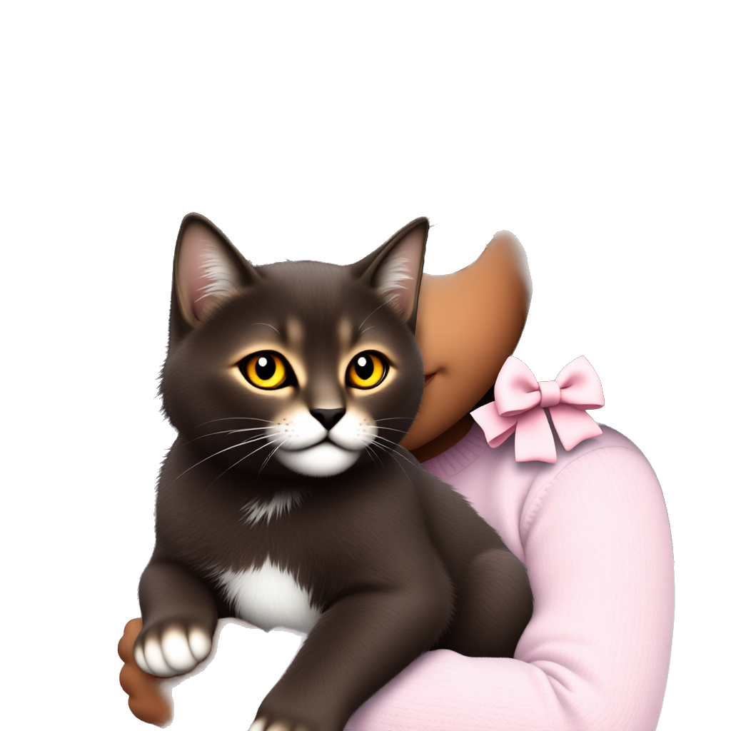 Dark Brown long loose curly hair light brown skin dark grey eyes young, holding a dark brown tabby cat with white muzzle chest and paws and yellow-green eyes The cat has a light pink bow on its ear, the girl wears a light pink sweater