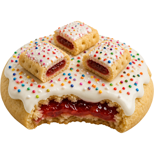Cookie Filled with Strawberry Preserves and Vanilla Icing On Top with Rainbow Sugar and Three Pop Tart Bites on Top
