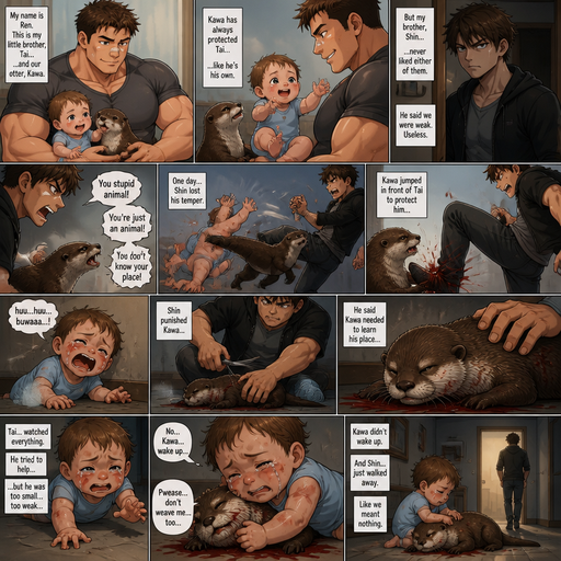 A DETAILED AND LIFELIKE LONG ANIME Comic Book story view of a Bulky but Muscular ANIME Cute Bara Man With Peach toned skin Who looks Normal aind round facial Structure and Basic facial structure With Puffy and Big Pecs that are visible through the shirt and Biceps and Bandaid on his nose and Brown short hair that makes them look tough. Wearing normal With his pet Grown and healthy realistic otter. And had a brother infant baby And the otter sticks up fr the baby but the baby knows he‘s not enough and then flies to the wall from him and lays there and the otter looses his tail In discipline for defending him. And the baby watches everyhting crying and trying to help but is to weak and the Brother hated them both the whole time and the otter didn’t wake up and the baby huged the otter and the baby can‘t speak the good English
