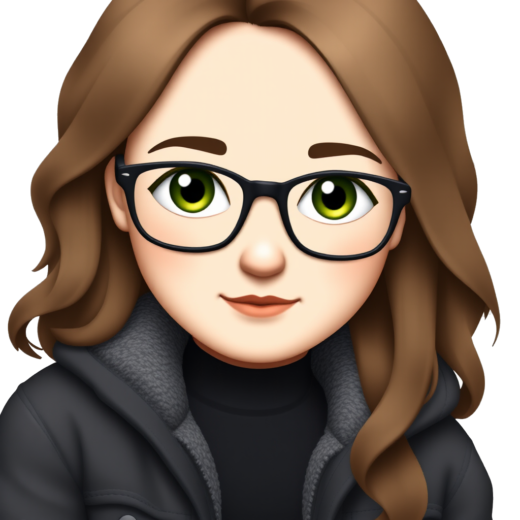 A Girl with freckles and brown wavy hair with a dark jacket and a black and glasses with green eyes a black top and a grey baggy jeans with the uggs boots