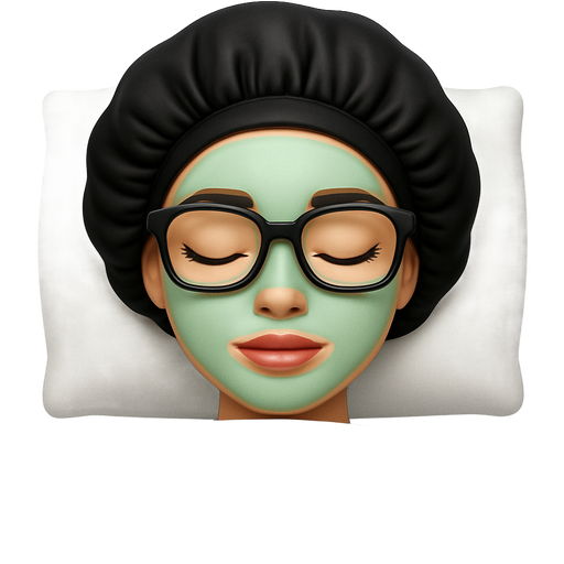 a pretty white ish woman sleeping in her black cute bonnet with black glasses on and a beauty face mask on with her white pillow and covers showing