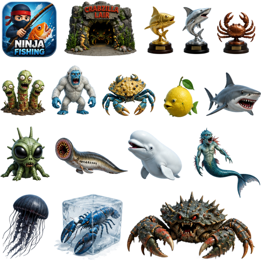 ninja fishing app gameplay crabzilla lair trophies fanmade zombie worms yeti crab sea lemon bull shark alien lamprey beluga whale merdog black Sea nettle frozen lobster crabzilla