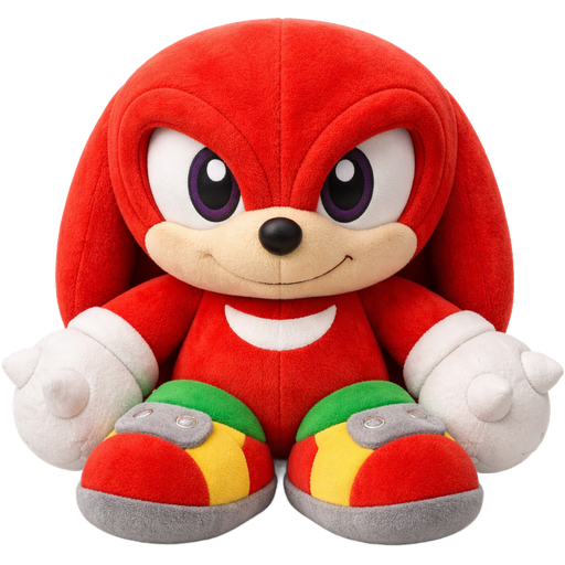 Emoji-style 3D render of a plush character inspired by Knuckles, plush stuffed toy appearance, soft fabric texture, embroidered eyes, red plush fur, oversized plush gloves with soft rounded spikes, chunky cuddly proportions, visible stitching seams, cozy plush toy aesthetic, clean white background, no figurine or hard materials.