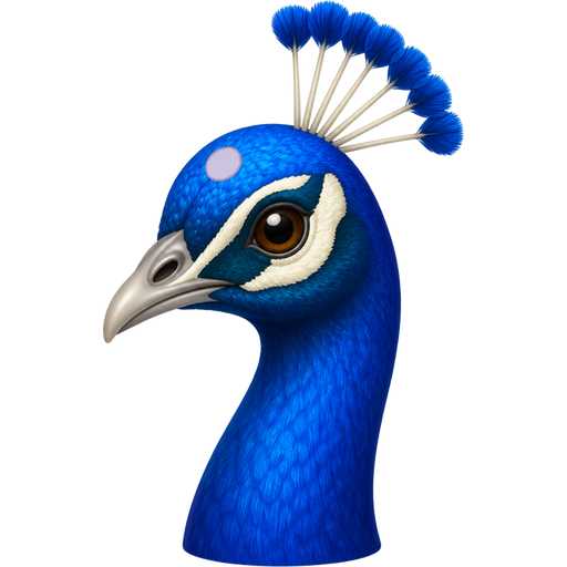 a brilliant phthalo blue peacock with a small pale, light grayish cerise circle on the center of her forehead