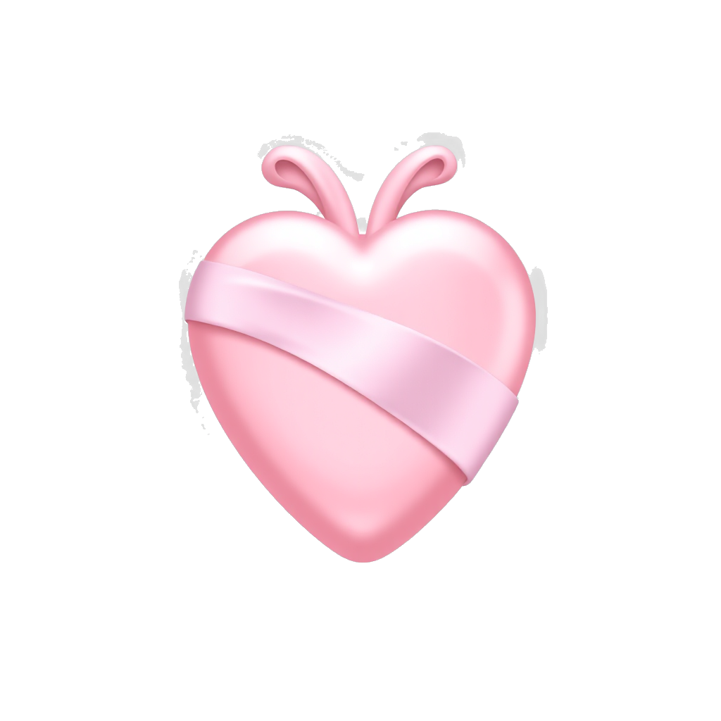“A shiny pink heart wrapped with a delicate pink satin ribbon, tied in a perfect bow, glowing softly with a romantic aura, minimalistic design.”