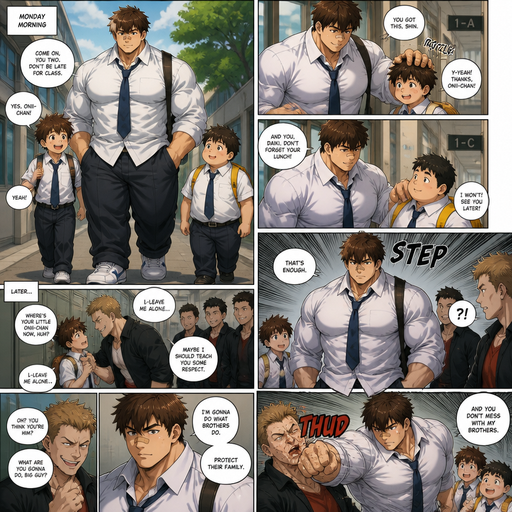 A Full Body Comic Book story view of a Bulky but Muscular ANIME Cute Bara Man With Peach toned skin Who looks Normal and round facial Structure and Basic facial structure With Puffy and Big Pecs that are visible through the shirt and Biceps and Bandaid on his nose and Brown Fluffy and Strait hair. Wearing a baggy school uniform. At a school and walking his brothers to there classes and then a bully comes and bullies the brother and he protects them