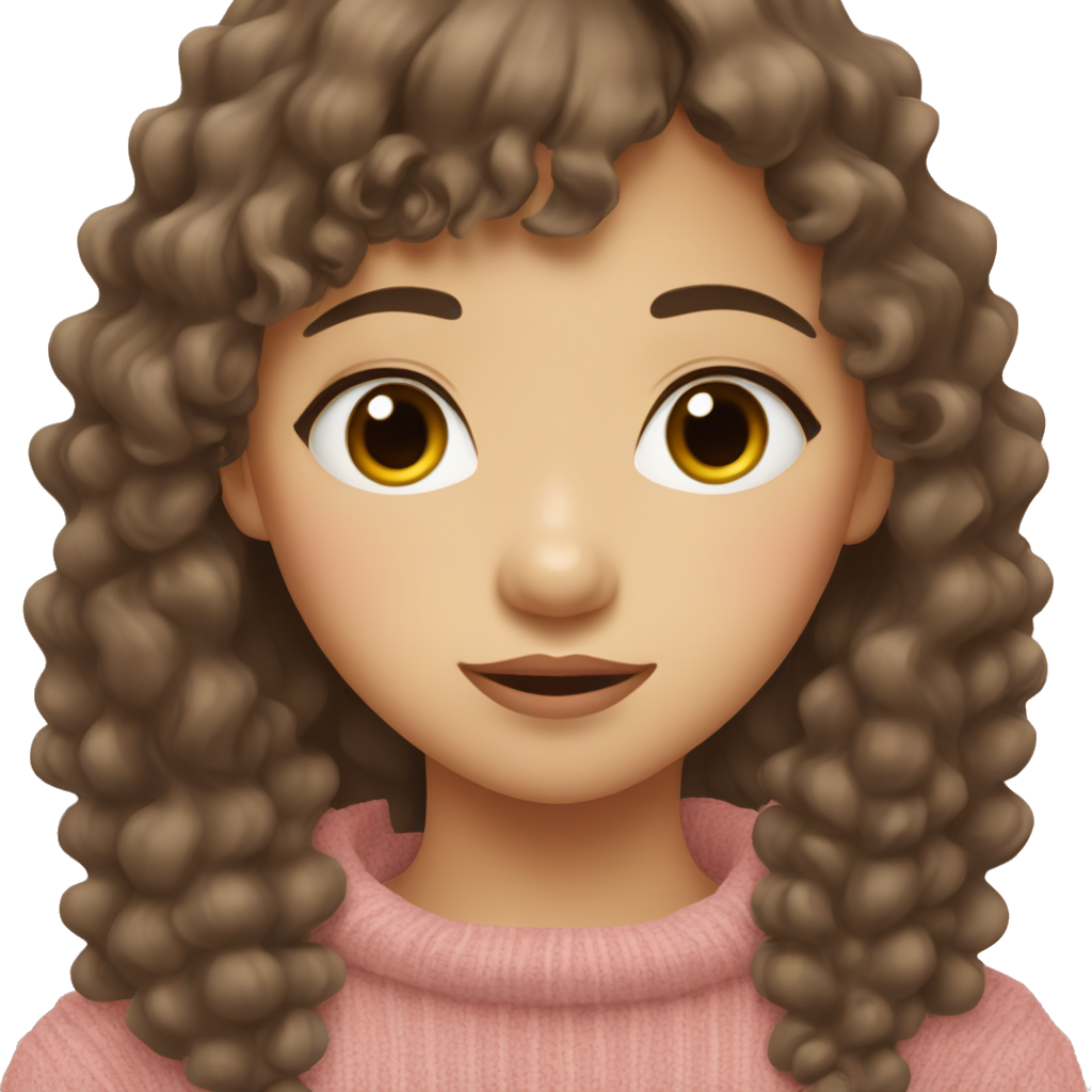 It is a asian girl. Her hair is long brown, quite curly. She also has bangs. She has sakura colored lips. Her eyelashes are long. She wears brown sweater.