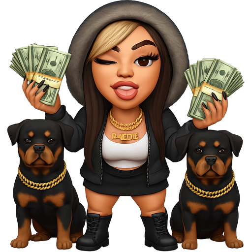 30 year-old baddie was full but not too full lips, long eyelashes extra long pointy fingernails, holding multiple large bundles of CASH, super long, dark, brown hair, with blonde side swept bangs, wearing a hoodie with hood pulled up and fur around the edge of the hood, a gold tooth, closing one eye and licking the gold tooth while scrunching up one side of her mouth to show her licking the gold tooth. Jacket is unzipped tank top with a tiny money sign tattoo on the upper left breast. Wearing short black skirt with combat boots and has two Rottweilers with huge gold chains around their neck on either side of her. She is wearing a gold and diamond chain that says DADDIE. She is kind of making a half smile