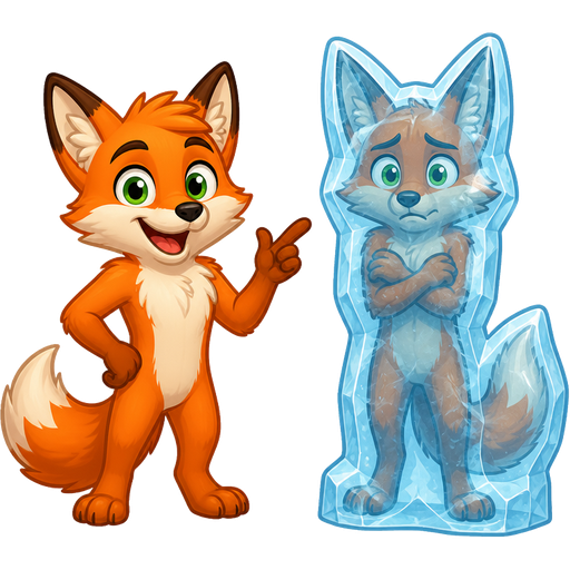 orange anthro fox with green eyes next to orange anthro fox with green eyes frozen in ice shaped like a anthro fox