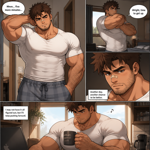 A REALISTIC AND LIFELIKE comic book Story of a Bulky but Muscular ANIME Cute Bara Man With Peach toned skin Who looks Normal and a huge and Masculine round facial Structure and Basic facial structure With Puffy and Big Pecs that are visible through the shirt and Biceps and Bandaid on his nose and Brown Spiky hair and His Hair Curls At the tip of strands and FLUFFY HAIR. Wearing a white shirt and Pajamas pants and has a HAIRY MANLY body and Small stubble beard. he looks gorgeous with a Shirt tight around the waist
