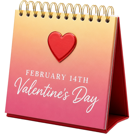 Valentine’s Day Gold and Pink Ombré Desk Calendar with Red Accents and is Written in White Letters that Reads “February 14th Valentine’s Day” at the Bottom