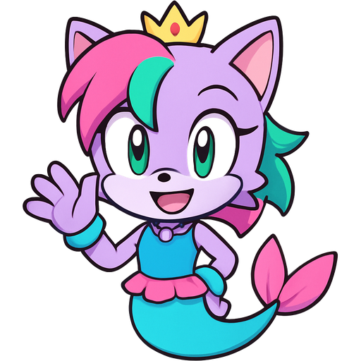 sonic x style version light purple anthro cat smiling with pink and green and yellow hair blue green eyes golden crown with light purple necklace light cyan braclets cyan and blue dress with pink skirt attached to cyan mermaid tail with pink tail fins pink and cyan gloves sonic x style version, anime style emoji, cute expressive character