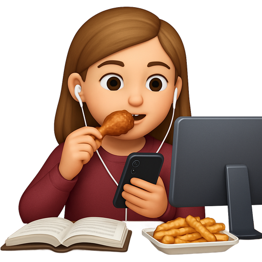Girl eating wings with fries while using iPhone and studying while listening to music with earphones with a desktop on desk