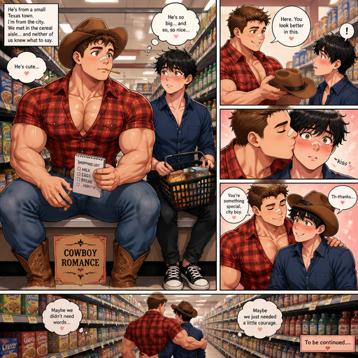 A Very Detailed Full Body anime comic book view of a Beefy and Bulky and Huge Beefy Pecs and Biceps and above average High schooler but Muscular and ANIME Cute Bara Cowboys Who looks Normal 20 year old American with a round facial Structure and ROUND and BASIC facial structure and No Facial Hair With Puffy and Big Pecs that are visible through the shirt and Biceps and Bandaid on his nose and slim and thin waist. Both Siting at the Grocery store with his Crush that’s a city boy in the same isle both afraid to talk to each other so as a man he acts like a gentleman to him and he blushes, and holding a pencil in his mouth looking Dreamy and his crush blushes. And he gives his hat to his crush, and Kisses him on the cheek and Smiles