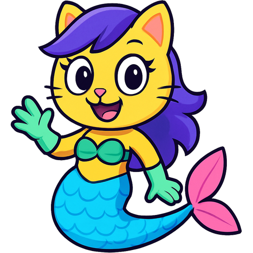 yellow cat anthro with purple hair blue cyan and white mermaid tail with pink fins light green gloves and swimsuit top blue happy tree friends style version artistic creation, beautiful art