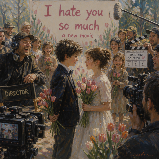 give me kids doing a photo shoot for the new movie called. I hate you so much and the kids are holding tulips and the main characters are looking into each other‘s eyes and there’s cameras everywhere in the director is laughing and smiling, and the staff are loving it behind the scenes.