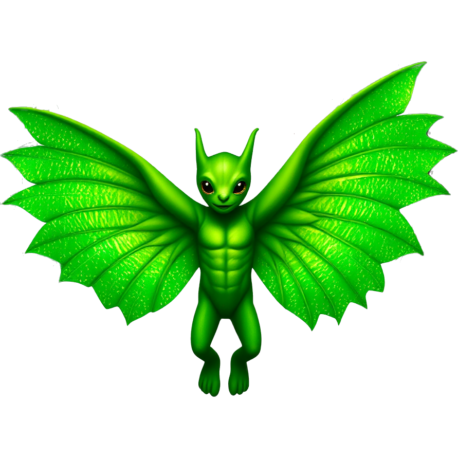 "Monstera" transformed into an enchanting tropical rainforest creature, dressed in vibrant green leaf-patterned attire with oversized, glittering wings resembling monstera leaves. It glides gracefully between cascading vines, radiating bioluminescent hues that illuminate the dense foliage, attracting curious woodland spirits and playful butterflies.