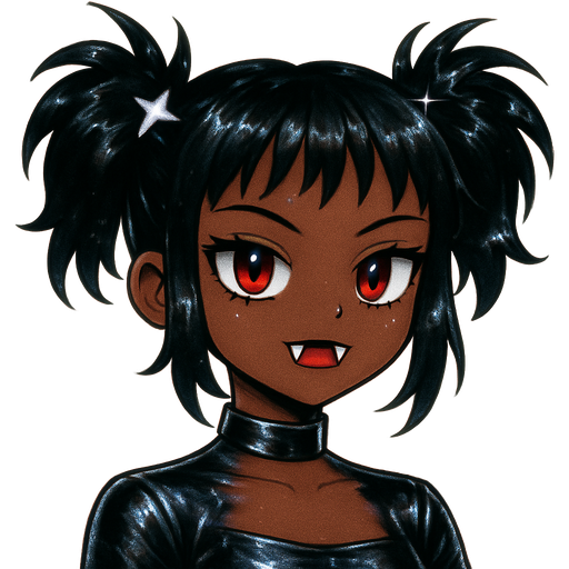 Girl, vampire, black hair, messy pig tails with micro bangs, emo, african american skin, red eyes, visable fangs