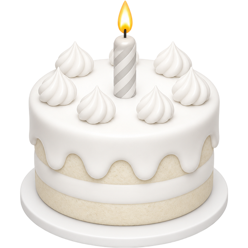 A realistic 3D white birthday cake emoji in the Apple emoji style. The cake is round with two vanilla sponge layers separated by thick white cream filling. It is covered in smooth glossy white icing with soft drips around the edges. On top are six small white frosting dollops evenly spaced around one tall white-and-light-gray striped candle with a bright yellow flame in the center. The cake sits on a simple white cake board. Rounded shapes, glossy highlights, soft shadows, clean details, transparent background, high quality, identical proportions to the Apple birthday cake emoji, but entirely white.