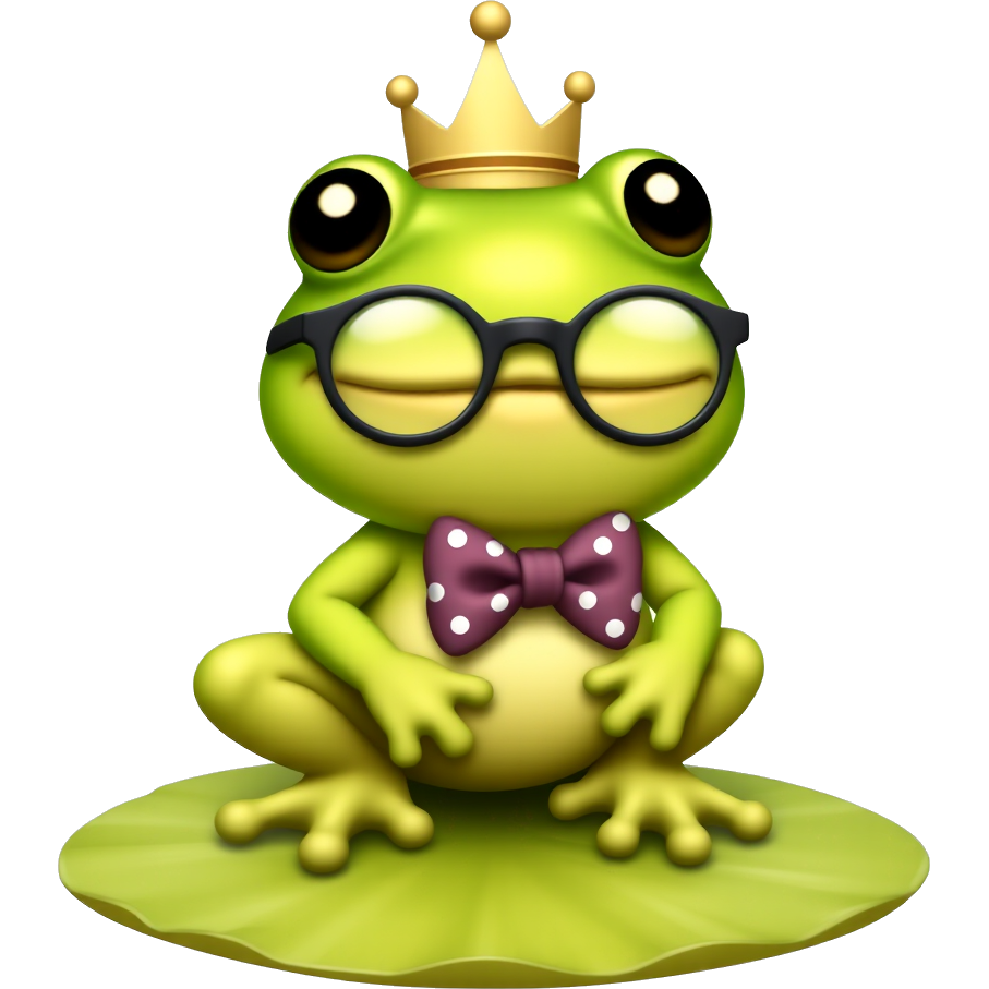 "Whimsical pudgy frog adorned in a polka-dot bowtie, wearing oversized round glasses, perched atop a lily pad. Its vibrant green skin glistens under the sun, while a tiny crown sits askew on its head, radiating charm and a playful aura that draws everyoneβs gaze."