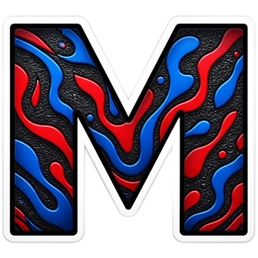 It’s a bold, stylized letter M designed with a modern, graphic look. The shape has: • A thick white outline that makes the letter pop from the background • An interior filled with abstract red and blue wavy patterns, almost like a digital camouflage or liquid‑flow texture • A black textured background that adds contrast and makes the colors stand out even more