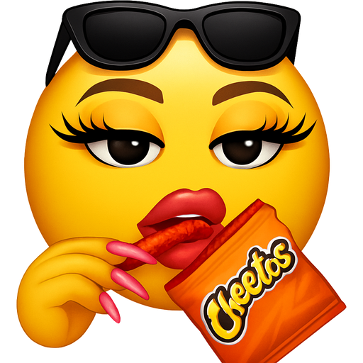Emoji with long eyelashes, baddie, long, pink nails, eating hot cheetos with the bag with sunglasses on top of the emoji’s head
