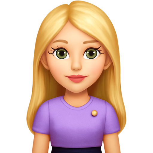 make a white blonde girl with longer hair wearing a light purple shirt and a black skirt. make her very pretty with long eyelashes and green eyes. give her small golden pin on the top right of her chest