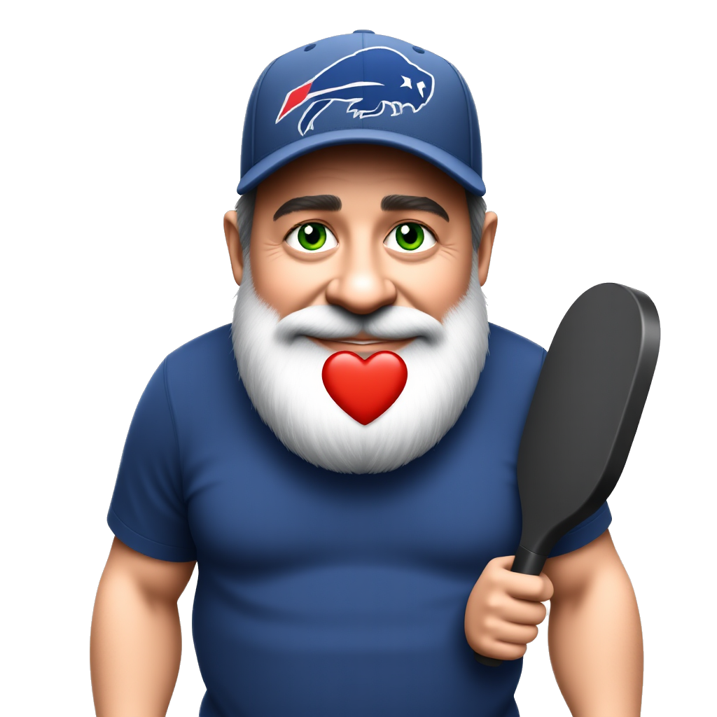 A green eyed pickleball player. He is shown from the waist up so his athletic shorts show at the bottom of the emoji. His face is slightly rounded and not long or gaunt because he is slightly overweight. He is facing straight forward. He has a very short stubbly gray and white full beard. He is wearing a buffalo bills ball cap and t-shirt. He has a small red valentine heart in the center of his chest. He is holding a pickleball paddle in his right hand off to one side.
