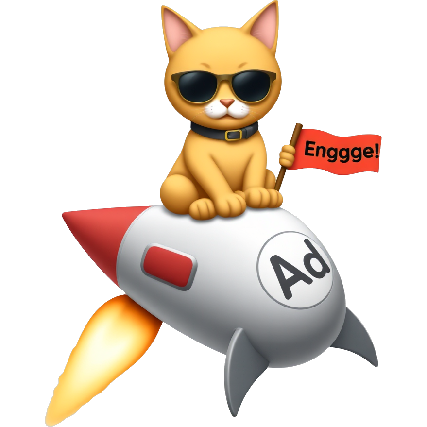 A sleek orange cat with sunglasses sitting on top of a rocket that’s taking off, leaving behind a trail of glowing sparks. The rocket has a bold “Ad” icon printed on its side, and the cat is holding a tiny flag that says “Engage!” in bold letters.