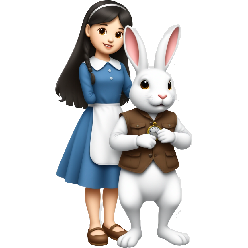 A girl in a blue dress with a half apron and a white rabbit standing up on two legs dressed in a vest with white gloves holding a pocket watch