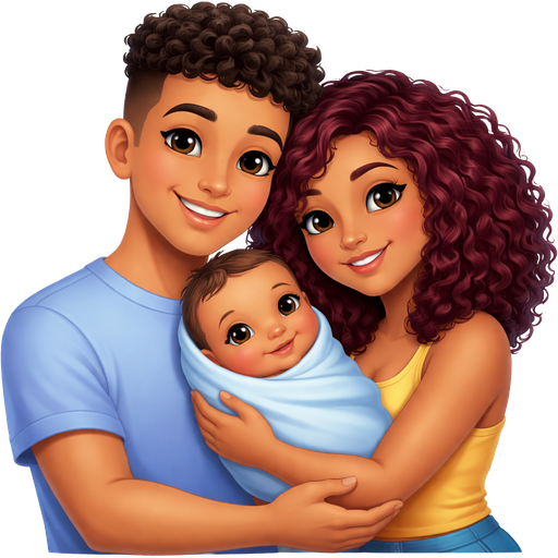 20-30 year old female hugging a 20-30 year old man. 20-30 year old female having a baby with a 20-30 year old man. a couple (man and woman) The man doesn’t have any facial hair. His hair is dark brown. His hair style is a mid fade with thick, curly hair on top. He is tan. He also has brown eyes that are dark. The woman is also lightskinned/tan but a lil more darker than the man so like brown skinned. She has dark red (burgundy) hair that’s dyed. Her hair is long but not super long probably shoulder length but a lil longer. Her hairstyle is a Rezo cut (A dry-cutting technique for curly, wavy, and coily hair that maximizes volume, body, and length It uses "V" sectioning and circular techniques to lift curls from the root, offering an even shape throughout rather than focusing only on framing the face.) She also has dark brown eyes like the man. The woman has slightly longer lashes aswell. Lastly the woman has a slim thick body while the man is slim but not skinny.