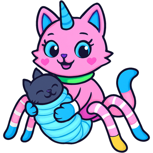 giant pink cat spider hybrid with blue unicorn horn green collar blue eyes with eyelashes heart shaped cheeks white wrists blue gloves white ankles yellow boots blue tail and with white stripe pink spider legs happy hugging #B8FFFF cocoon slikworm cocooned pod black cat happy covered with #B8FFFF huge coating of #B8FFFF spider slik and huge #B8FFFF spider slik wrappings and huge #B8FFFF spider slik webbing wrappings cocoon #B8FFFF