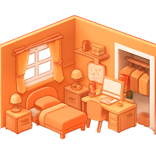 Make my room neon orange with cute furniture and a nice wood desk and fuzzy carpet and walk-in closet with sheep design