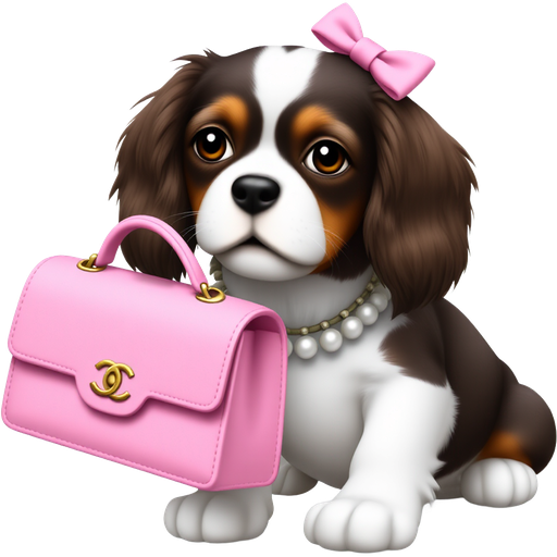 Blenheim Cavalier King Charles spaniel holding a pink Chanel bag, with a pearl necklace as a collar and a pink bow in her hair