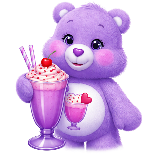 Share Light Purple Care Bear with a Strawberry Pink Milkshake in a Purple Fountain Shoppe Glass Cup With two White Straws in it Sprinkled with Red Heart on top on the Stomach with a Dark Purple Heart Nose