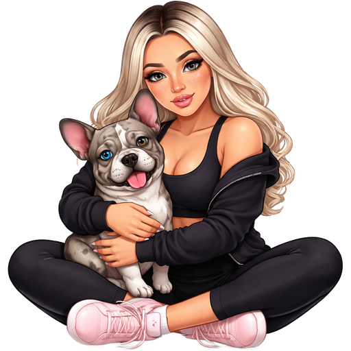 A thick waist baddie woman with icy blonde hair parted dark in the middle and gray eyes and freckles across the nose sitting in the middle of a yoga pose in black workout clothes open black sweater and light pink adidas hugging a grey merle french bulldog with one blue eye and one brown eye