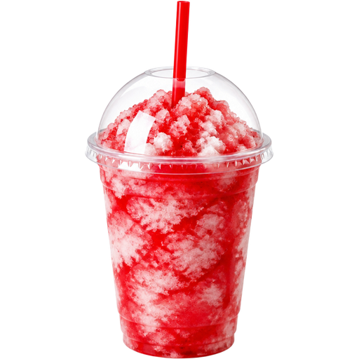 Christmas Peppermint Shaved Ice Slushie in a Plastic Cup and Plastic Dome Lid with a Straw Mixed in with Extra Syrup