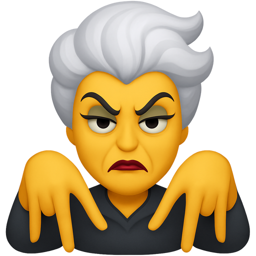 Madame morrible from wicked with white hair and three fingers going down to look like an M on both hands