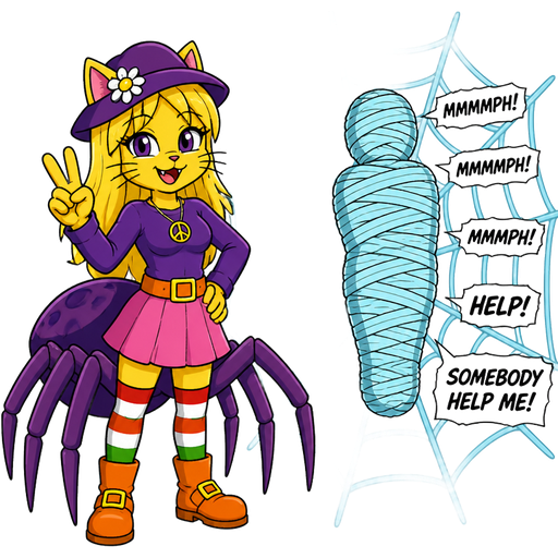 Yellow cat anthro with purple eyes long blonde hair whiskers purple hat with white flower peace sign necklace purple long sleeved shirt orange belt with a yellow buckle pink skirt long red white green socks orange boots with yellow buckles drider hybrid next to thick completely fully light cyan spider web mummified boy shaped cocoon covered with thick layers non-transparent light cyan slik wrappings and light cyan slik wrappings boy shaped cocoon covered with thick layers non-transparent light cyan slik wrappings muffled screams mmmmph! mmmph! mmmph! help! somebody help me!