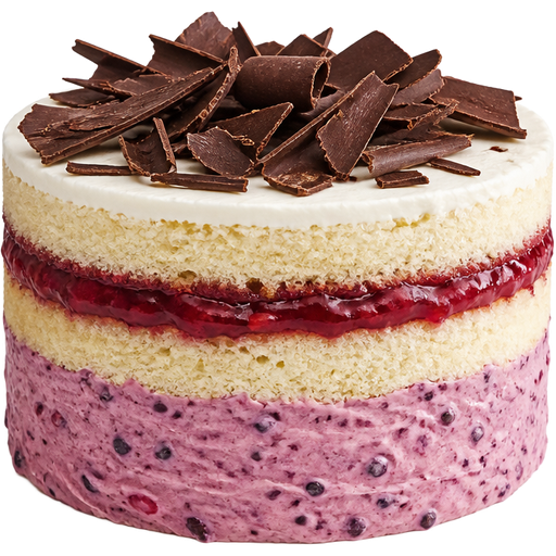 Whole Fresh Berry Cake with Mixed Berry Buttercream at the Bottom and Strawberry Jam in the Middle and Vanilla Buttercream with Big Chocolate Shavings on Top