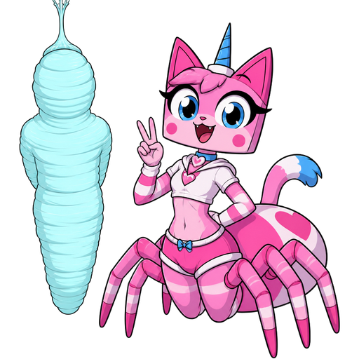 wrapped up and mummified fully covered in a #B8FFFF spider slik cocoon shaped like boy arms behind back with #B8FFFF spider slik wrappings completely covered with thick layers non-transparent #B8FFFF spider slik wrappings silken prison hanging on ceiling on left side next to a happy anthro femboy pink cat anthro drider hybrid doing victory sign smiling based on unikitty