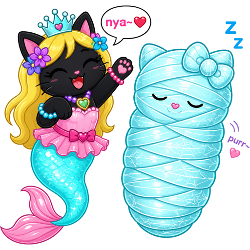 happy black cat with light yellow hair purple and blue flowers light cyan crown purple and green necklace pink and blue bracelets pink dress attached to long light cyan mermaid tail with white highlights with pink tail fins with white highlights:nya~❤️ next to 10 layered light cyan slik with white highlights mummy-like cocoon shaped like hello kitty is sleeping completely covered and completely wrapped up with 10 layered light cyan slik with white highlights slik webbings covered and wrapped up from head to toe in the cyan spider web while purring happily (cartoon network unikitty)